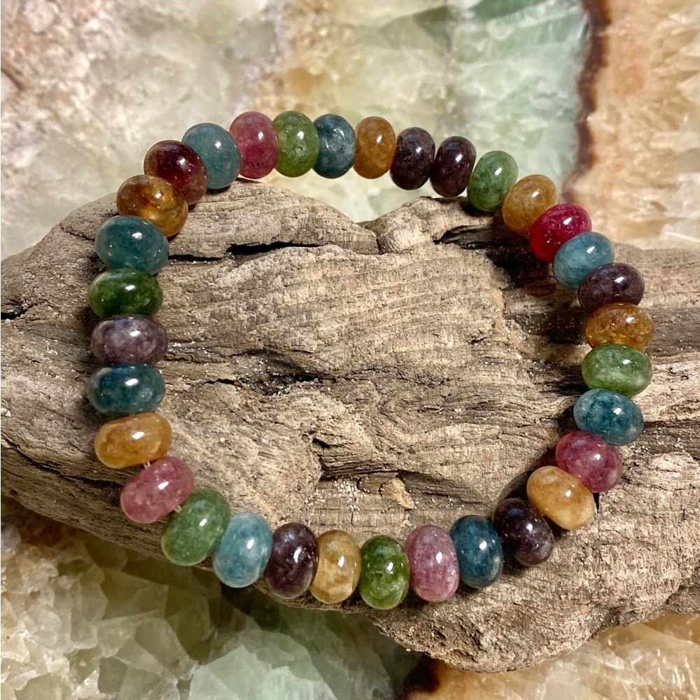 RAINBOW TOURMALINE GEMSTONE CRYSTAL Bead bracelet. Handcrafted by me. Quality!